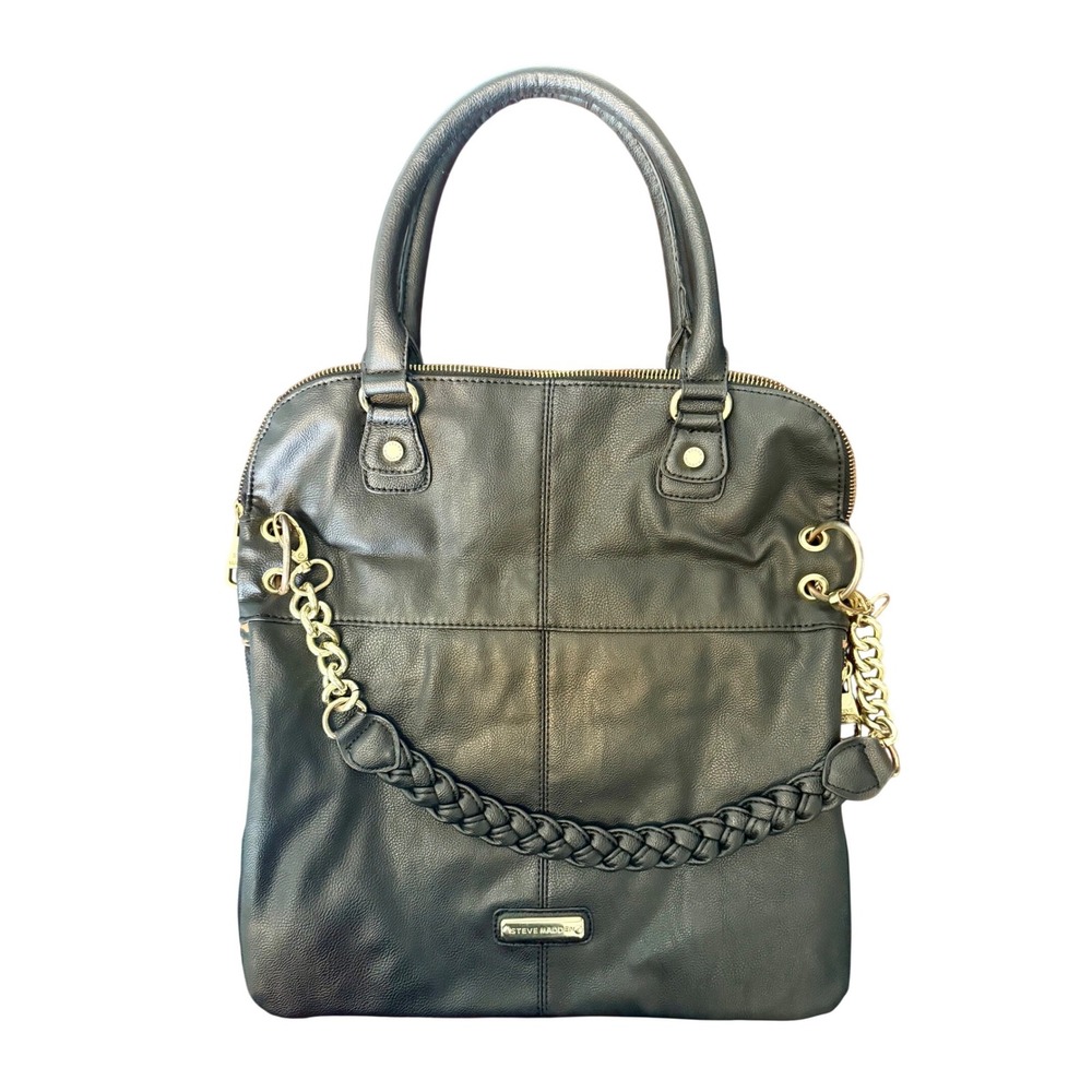 Steve Madden Womens Black Faux Leather Tote Bag Braided Chain Leopard Trim Zip